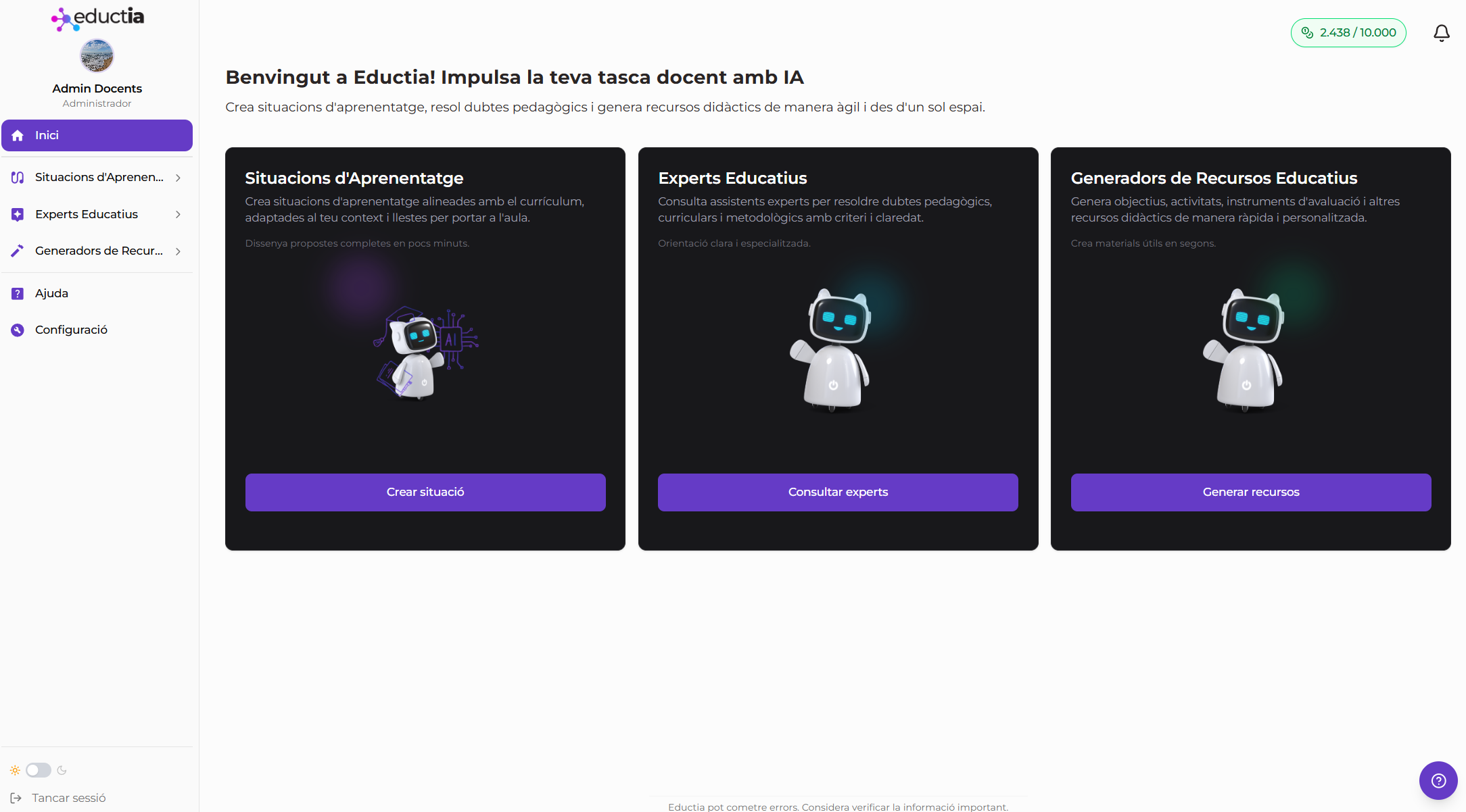 Dashboard d'Eductia